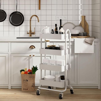 4 Tier Metal Rolling Cart with Wheels,4 Tier Utility Cart with Wheels for Office,Home,Kitchen,Garden（13.4"x18.1"x40"） White