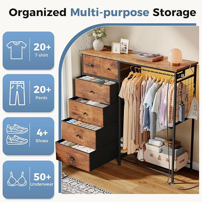 OLIXIS 6 Storage for Bedroom with Hanging Rack with LED Lights & Charging Station, Fabric Chest of Storage with Rack, Wooden Top, for Home Living Room Entryway Oak Greige