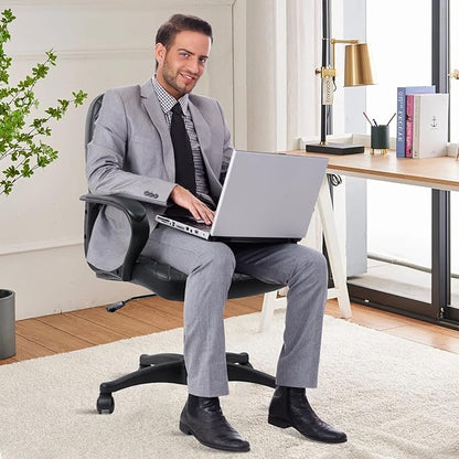 CLATINA Office Chair - Mid Back Leather Computer Desk Chairs with Wheels, Ergonomic Executive Swivel Stool with Lumbar Support, Armrest for Home Office, Black