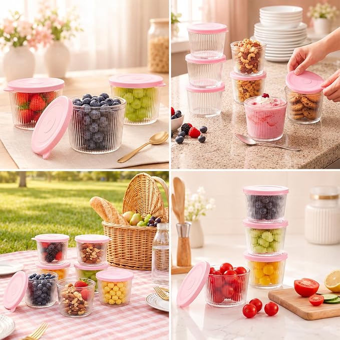 8 Sets Small Glass Bowls with Pink Lids 6.8oz Ribbed Clear Glass Containers Stackable Dessert Custard Pudding Cups Condiment Bowls for Sauces Dips Nuts Oats Candy Dessert Cereal