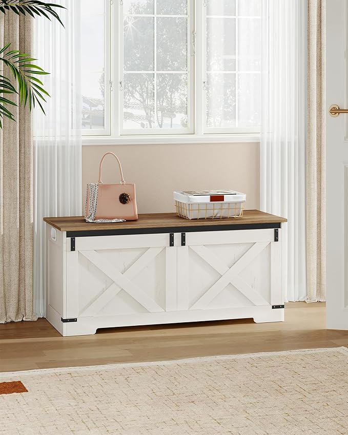 42.9" Storage Chest, Large Storage Trunk with 2 Hinges, Farmhouse Wooden Box Bench, Lift-Top Organizer Chest, Entryway Trunk for Bedroom, Living Room, White and Brown SB10914X