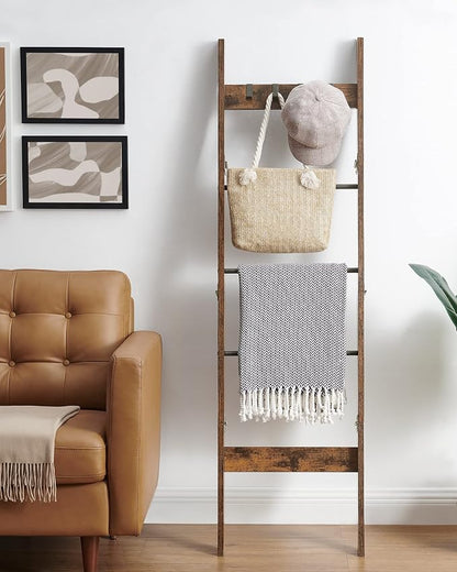Hzuaneri Blanket Ladder for Living Room, Decorative Quilt Rack with 4 Removable Hooks, 5-Tier Farmhouse Ladder Holder Shelf Organizer for Bedroom, Rustic Brown and Black 02101BBR