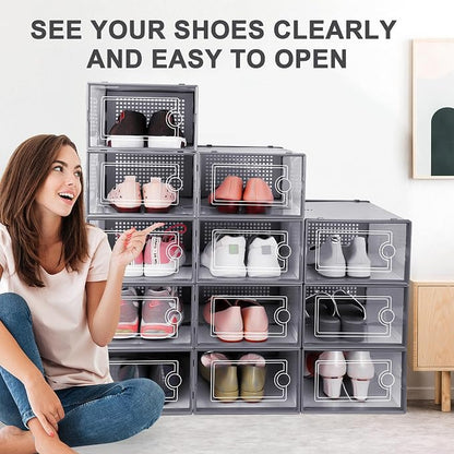 Kuject 12 Pack Large Shoe Boxes, Clear Stackable Containers with Lids,Grey | Shoe organizers for closet & entryway, under-bed,Drop-front design fits women's size 10