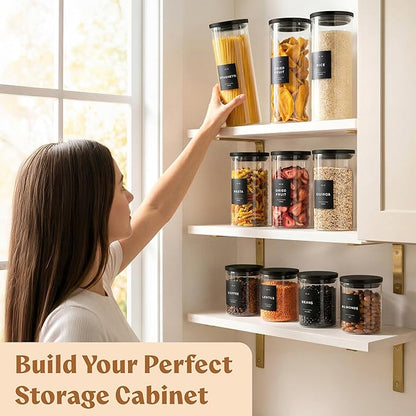 EDELHAUS Glass Storage Containers with Black Lids [Extra Thick Glas] with 54 Labels - Canister For Pantry Noodles Flour Cereal Rice Sugar Tea Coffee Beans - Round Set of 5x
