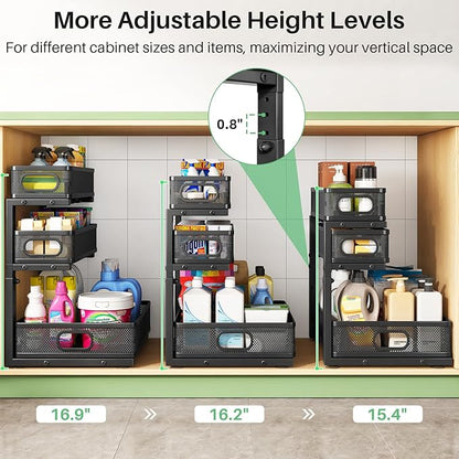 Kitstorack Under Sink Organizer, 2-Pack 3-Tier Height Adjustable Thickened Metal Pull out Cabinet Organizer Shelf, Slide out Storage Drawer Rack for Bathroom Kitchen Pantry Home Laundry Organization