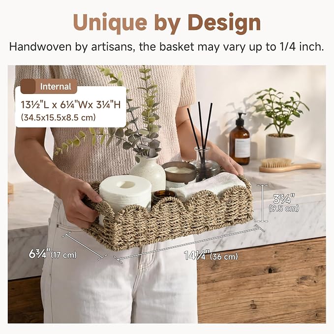 StorageWorks Small Wicker Scalloped Baskets for Bathroom Decor, Long Narrow Decorative Seagrass Baskets for Storage, Toilet Paper Basket for Back of Toilet Basket Tank Topper with Handles
