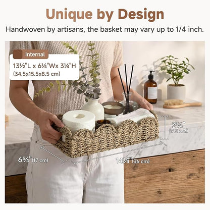 StorageWorks Small Wicker Scalloped Baskets for Bathroom Decor, Long Narrow Decorative Seagrass Baskets for Storage, Toilet Paper Basket for Back of Toilet Basket Tank Topper with Handles