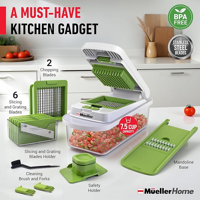 MUELLER HOME Pro-Series 10-in-1, 8 Blade Vegetable Chopper, Onion Mincer, Cutter, Dicer, Egg Slicer with Container, French Fry Cutter Potato Slicer, Home Essentials, Salad Chopper White Sand/Green