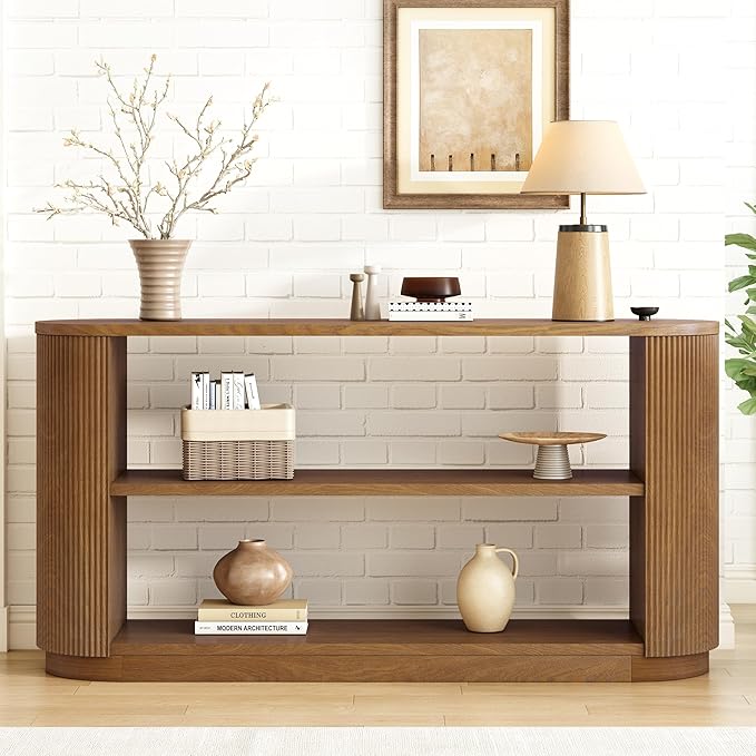 Merax Modern Entryway Console Table with Triple-Tier Storage, Slim Sofa Table with Open Shelf & Elegant Wood Grain, Multi-Functional Hallway Table for Living Room, Brown