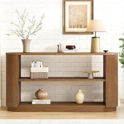 Merax Modern Entryway Console Table with Triple-Tier Storage, Slim Sofa Table with Open Shelf & Elegant Wood Grain, Multi-Functional Hallway Table for Living Room, Brown