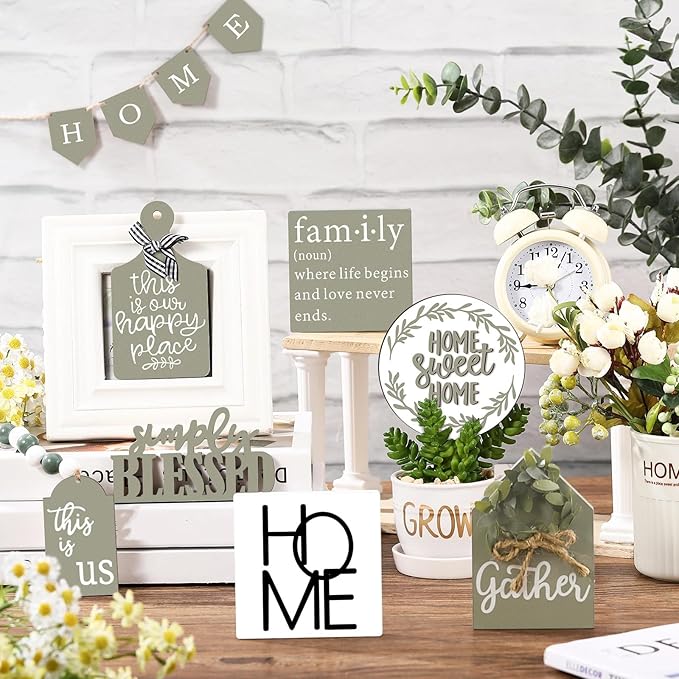 11 Pcs Home Tiered Tray Decor Spring Rustic Farmhouse Tiered Tray Decorations Set Sage Green Wooden Home Sign Vintage Farm Animal Farmhouse Tabletop Wood Sign for Kitchen Table Shelf Decor