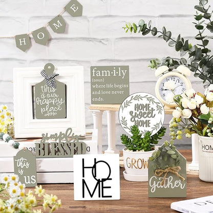 11 Pcs Home Tiered Tray Decor Spring Rustic Farmhouse Tiered Tray Decorations Set Sage Green Wooden Home Sign Vintage Farm Animal Farmhouse Tabletop Wood Sign for Kitchen Table Shelf Decor