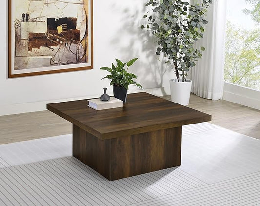 Coaster Home Furnishings - Devar - Wood - Square Coffee Table with Pedestal Base, Geometric Design and Transitional Style - Living Room - Dark Pine - 710888