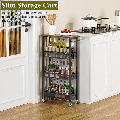 OKZEST Utility Slim Storage Cart, 4 Tier Small Rolling Kitchen Laundry Room Cart with Wood Top, Metal Narrow Bathroom Storage Cabinet Mobile Shelf Unit Organizer Trolley with Handle for Narrow Space