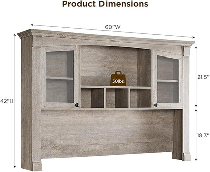 OKD Farmhouse Hutch for 60" Executive Desk, Office Desk Storage Cabinet with Glass Doors and Shelves, Top Hutch Organizer for Home Office - Light Rustic Oak
