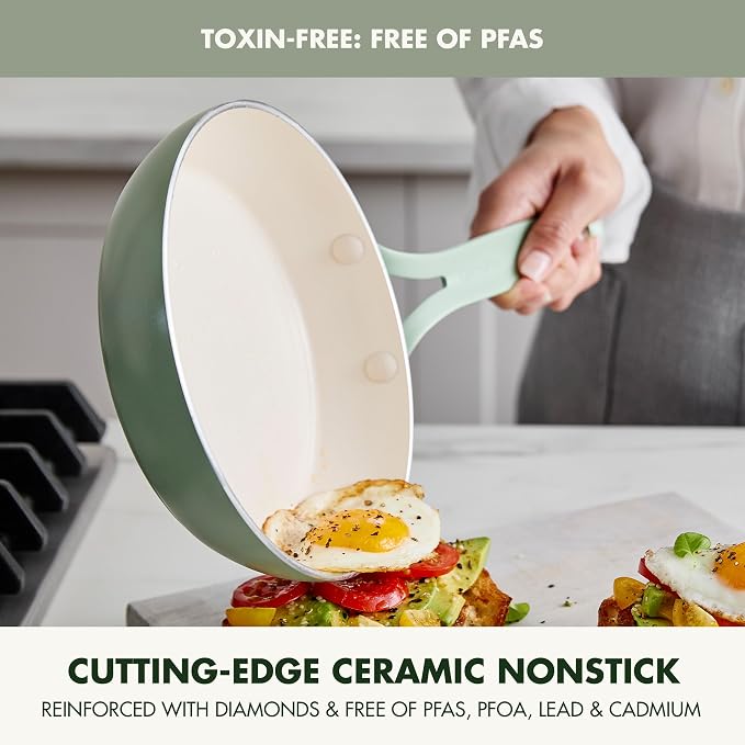 GreenPan Nova 2-Piece Nonstick Frying Pan Set, 8” & 10” Skillets, PFAS-Free Ceramic Cookware, Durable Fast Heating, Induction Ready, Omelet & Eggs, Oven Safe to 600F, Dishwasher Safe, Pistachio Green
