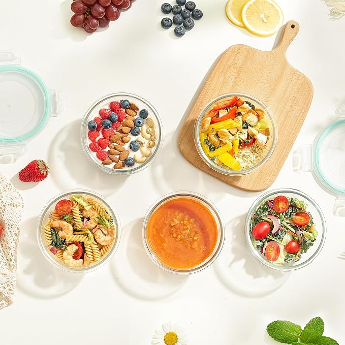 Vtopmart 5Pack 22oz Glass Storage Containers with Lids, Glass Meal Prep Food Container Sets with Snap Airtight Lid for Microwave, Oven, Freezer and Dishwasher, Green, Round