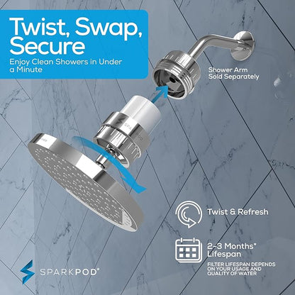 SparkPod 23-Stage Filtered Shower Head, 8" Round, Polished Chrome | Filtered Shower Head for Hard Water Filter, High Pressure, Reduces Chlorine, Heavy Metals, For Dry Skin & Hair