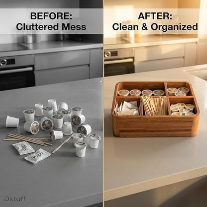 Dstuff Acacia Wood Coffee Station Organizer for Countertop, Tea Organizer and Holder, Coffee Bar Caddy with Multiple Compartments for Home and Office Decor