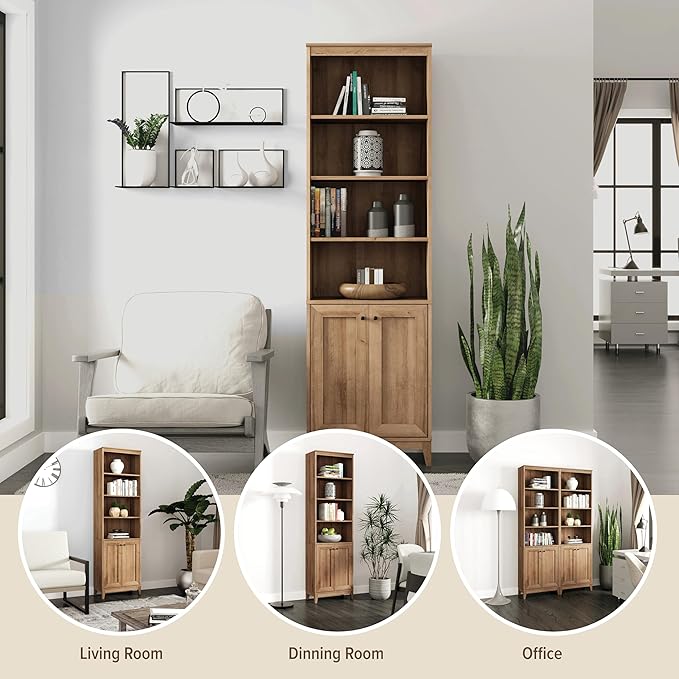 Prepac Yaletown Bookcase with Doors, Oak Storage Cabinet with Doors and Shelves, Accent Cabinet 23.75" W x 79.50" H x 12.25" D, OSBR-2310-1