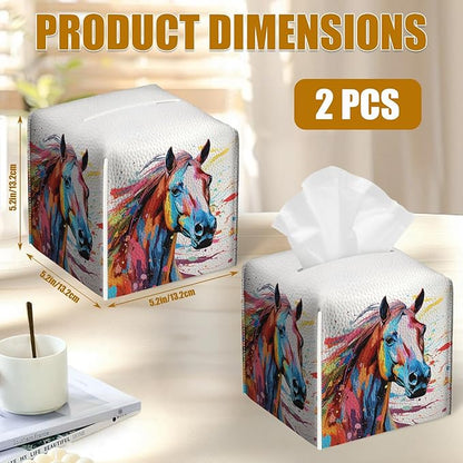 Colorful Horse Tissue Box Cover 2PCS, Animals Leather Tissue Box Holder Square Facial Paper Case Tissue Box Cube Organizer for Bathroom Bedroom Desk Office
