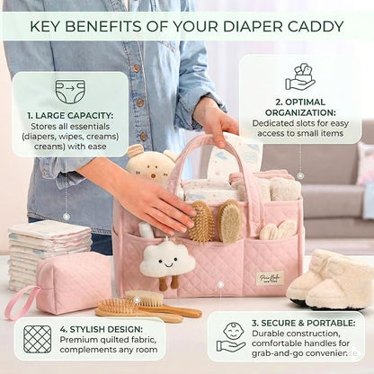 PeraBella Baby Diaper Caddy Organizer, Baby Basket Shower Gift, Portable Changing Table Basket, Postpartum Caddy & Tote Bag Pouch, Newborn Boy & Girl Nursery Essentials Registry, Car Diaper Organizer