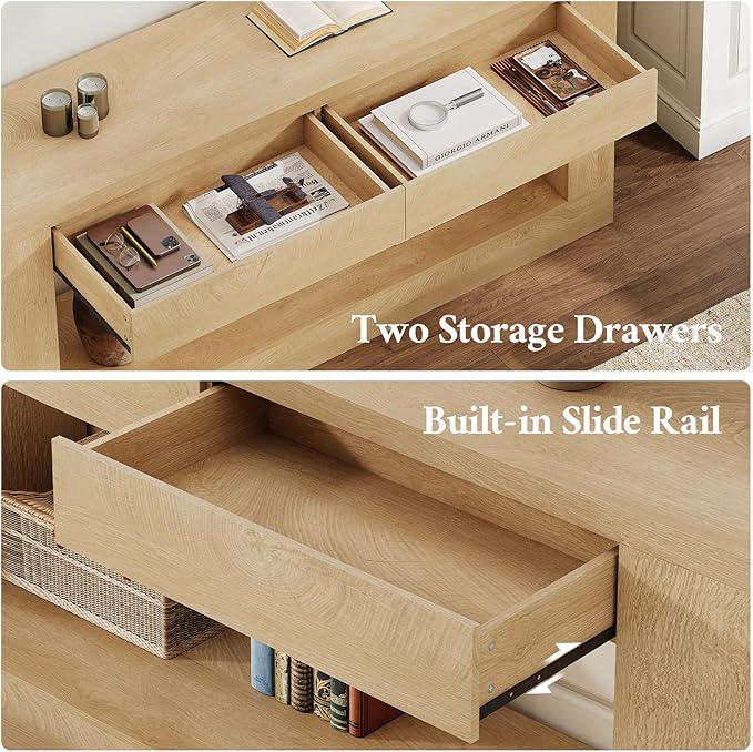 63" Long Console Table with 2 Drawers, Farmhouse Sofa Table Behind Couch with Heavy Duty Legs, Entryway Table for Living Room, Entrance, Hallway, Foyer, Natural Wood