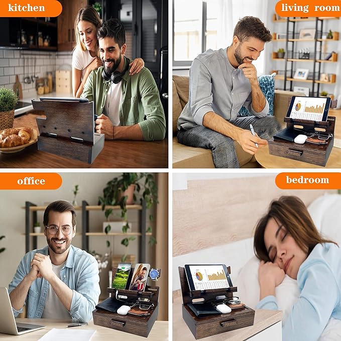 VEIYAILU Gifts for Men Women Husband Son Boyfriend Him Nightstand Organizer Wood Phone Docking Station Birthday Gifts (Walnut)