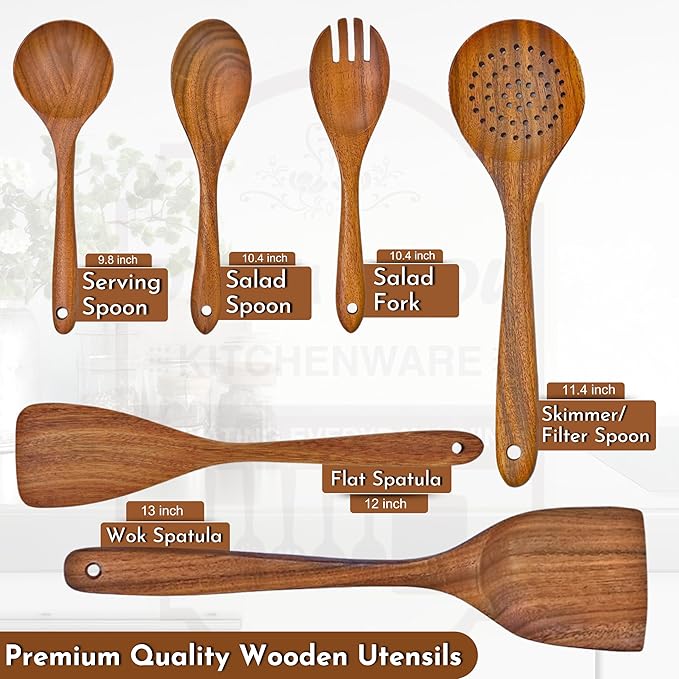 6 Piece Teak Wood Utensil Set - Non Toxic, Handmade Cooking Spoons & Spatulas for Nonstick Cookware - Includes Wok Spatula, Skimmer & Salad Set - Heat Resistant Kitchen Utensil Gift Set