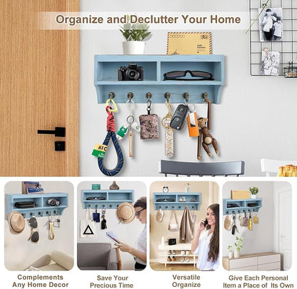 Key Holder Wall Mount - Mail Organizer Wall Mount with 6 Key Hooks and Storage Box for Sunglasses Storage and Dog Leash Holder Home Decor Rack Apartment Farmhouse Shelf Entryway Organizer (Blue)