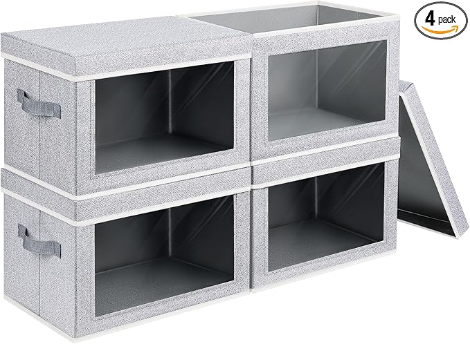 Homsorout Storage Boxes with Lids - 4 Pack Fabric Clear Window Storage Bins, Large Decorative Storage Bins with Handles, Linen Closet Organizer for Clothes, Towel, Blanket, Light Grey