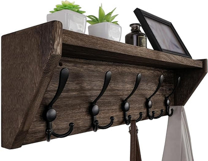 WEBI Coat Rack Wall Mount with Shelf,24" Long Wall Shelf with Hooks Underneath,5 Triple Hooks for Entryway,Hallway,Bedroom,Weathered Brown