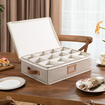 StorageWorks China Storage Container, Stackable Mug Storage Box with Dividers, Stemware Storage Cases, Hard Shell China Cup Organizer, Holds 12 Tea Cups and Coffee Mug, 1 Pack, Brown and Beige