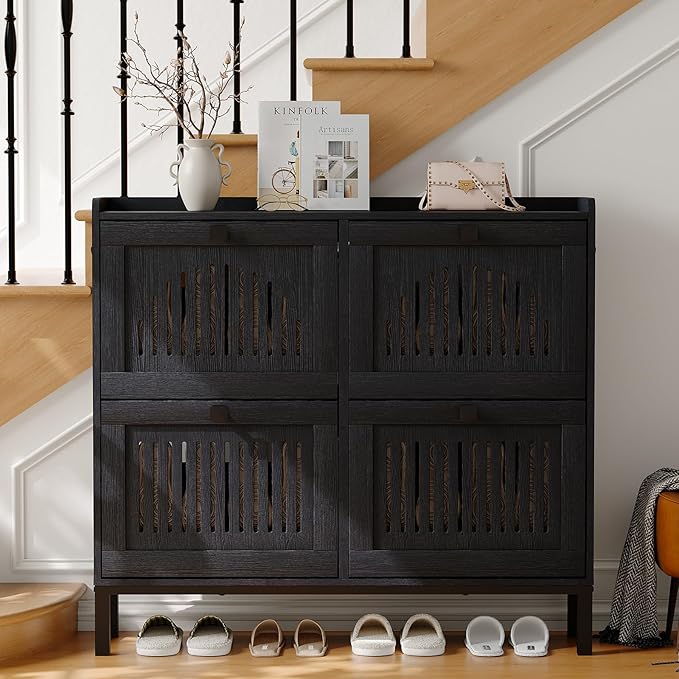 Garvee 4 Flip Drawer Shoe Cabinet with Adjustable Shelves, Hidden Shoe Organizer with Large Capacity, Freestanding Wooden Shoe Rack for Entryway, Hallway, Living Room, Black