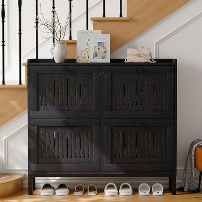 Garvee 4 Flip Drawer Shoe Cabinet with Adjustable Shelves, Hidden Shoe Organizer with Large Capacity, Freestanding Wooden Shoe Rack for Entryway, Hallway, Living Room, Black