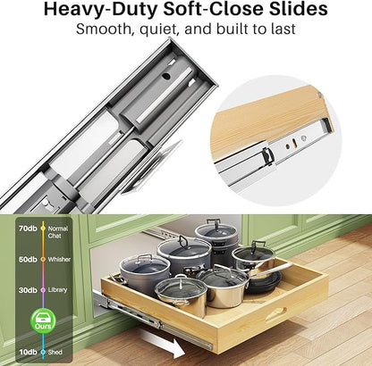 Pull Out Cabinet Organizer, Soft Close Wooden Slide Out Drawers for Pots and Pans, Full-extension Roll Out Shelves for Kitchen Cabinets, Pantry Organization, Bottom & Side Mount(21"W X 21"D x 3.4''H)