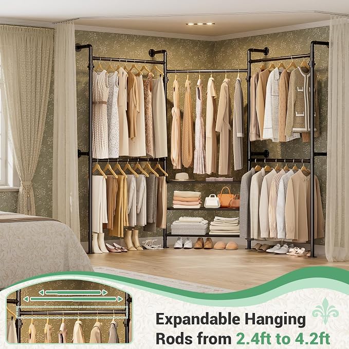 Aheaplus Expandable Industrial Pipe Clothing Rack, 7.3-10.9Ft Wall Mounted Closet System, Reversible L Shaped Clothes Rack for Hanging Clothes, Heavy Duty Corner Closet Wardrobe Garment Rack, Black