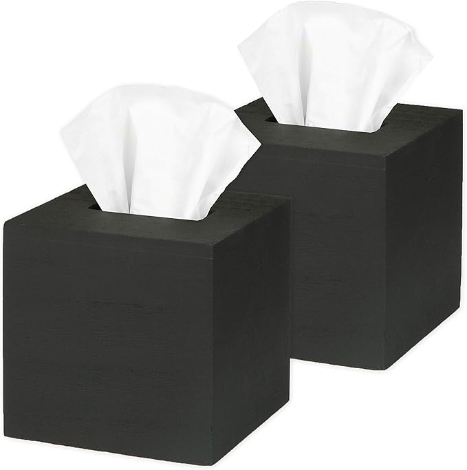 Ilyapa Wood Tissue Box Cover, 2 Pack Square - Rustic Farmhouse Black Wooden Tissue Holder
