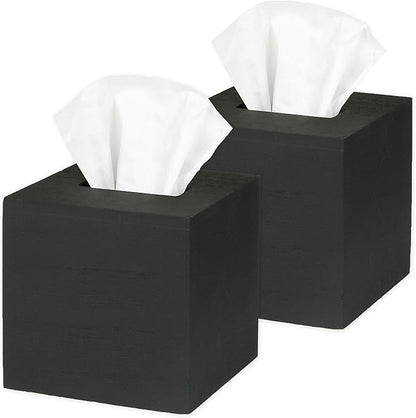 Ilyapa Wood Tissue Box Cover, 2 Pack Square - Rustic Farmhouse Black Wooden Tissue Holder