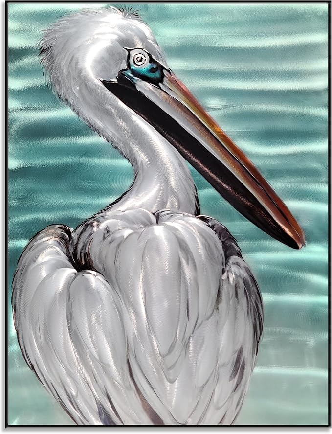 SYGALLERIER Metal Wall Art - Handcrafted Pelican Birds on 24x16 inch Aluminum Panel Coastal and Beach Theme - Light Blue Living Room, Bedroom, Bathroom Decor