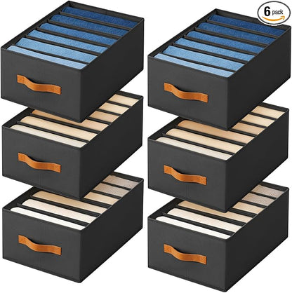 Homsorout Closet Organizers and Storage - Fabric Clothes Organizer with Handles, Foldable Jeans Organizer for Clothes, Drawer Organizer for Shirts, Bra, Sweater, Scarf, 6 Pack, Black