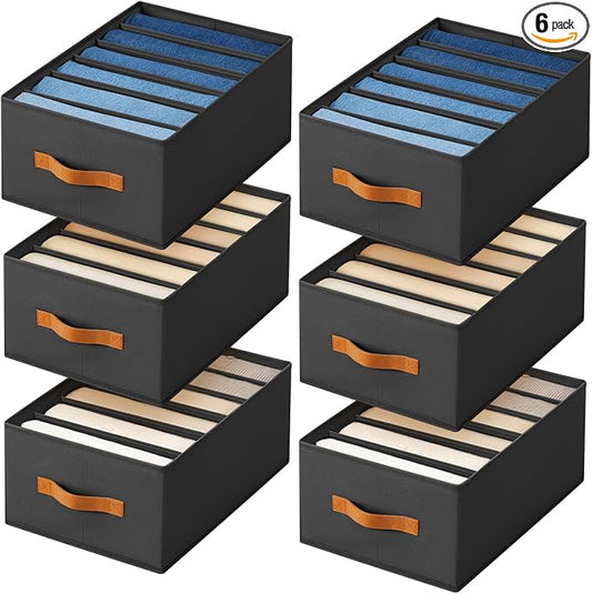 Homsorout Closet Organizers and Storage - Fabric Clothes Organizer with Handles, Foldable Jeans Organizer for Clothes, Drawer Organizer for Shirts, Bra, Sweater, Scarf, 6 Pack, Black