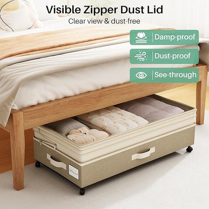 Kitstorack 2Pack Height-adjustable Under Bed Storage with Wheels, Under Bed Storage Containers,Under Bed Shoe Storage Organizer with Clear Window&Label, Suitable for Clothes Storage, Beige & Linen