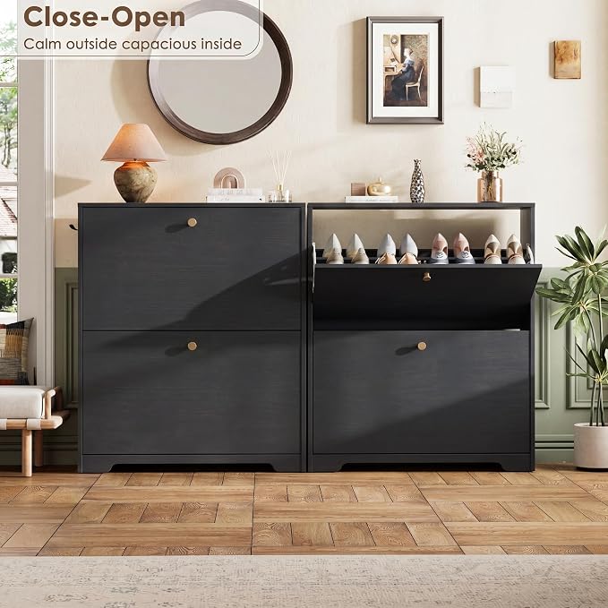 Nicetree Shoe Cabinet with 2 Flip Drawers, Narrow Shoe Organizer Cabinet, Freestanding Shoe Rack Cabinet, Modern Shoe Storage Cabinet for Entryway, Hallway, Foyer, Black