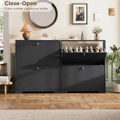 Nicetree Shoe Cabinet with 2 Flip Drawers, Narrow Shoe Organizer Cabinet, Freestanding Shoe Rack Cabinet, Modern Shoe Storage Cabinet for Entryway, Hallway, Foyer, Black