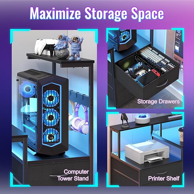 63" Gaming Desk with LED Lights & Outlets, Reversible Computer Desk with 5 Drawers & Printer Shelf, Gamer Desk Table with Storage Shelves & Monitor Stand, Black