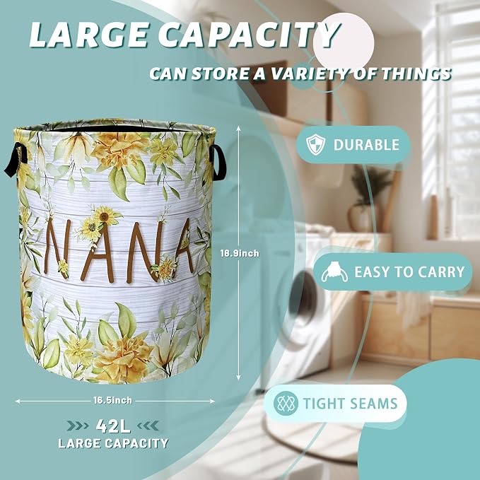 Nana Laundry Basket Foldable With Handles Yellow Sunflowers Tote Bag Oxford Cloth Colorful Floral Laundry Hamper Clothe Storage Bucket Toy Organizer 18.9"x16.5"For Bathroom/Laundry/Bedroom