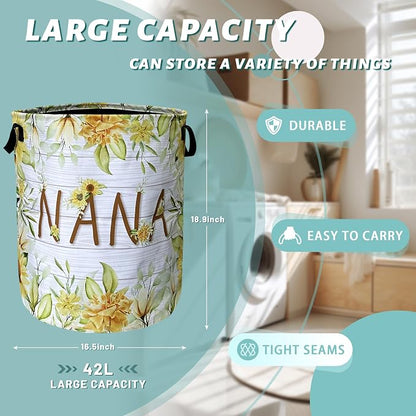 Nana Laundry Basket Foldable With Handles Yellow Sunflowers Tote Bag Oxford Cloth Colorful Floral Laundry Hamper Clothe Storage Bucket Toy Organizer 18.9"x16.5"For Bathroom/Laundry/Bedroom