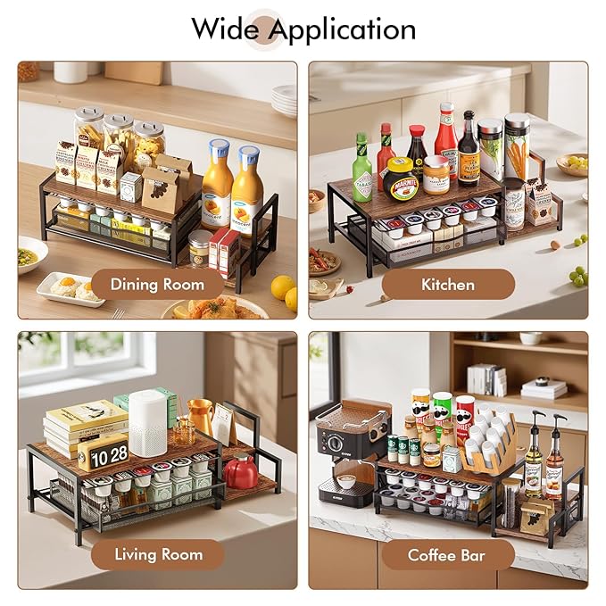 K Cup Holder, 2-Tier Coffee Pod Holder for 48 Pods, K Cup Drawer Organizer with Sliding Storage Drawer, Coffee Bar Station Organizer for Countertop, Space Saving, Home & Office, Brown