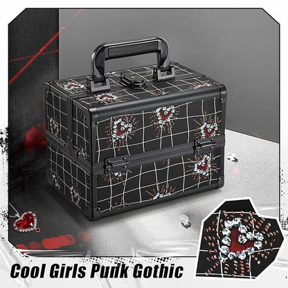 Joligrace Makeup Train Case Portable Makeup Case Organizer 2 Trays Cosmetic Box Storage with Mirror Lockable with Key for Cosmetics Nail Tech Traveling Makeup Travel Box Punk Love Hearts